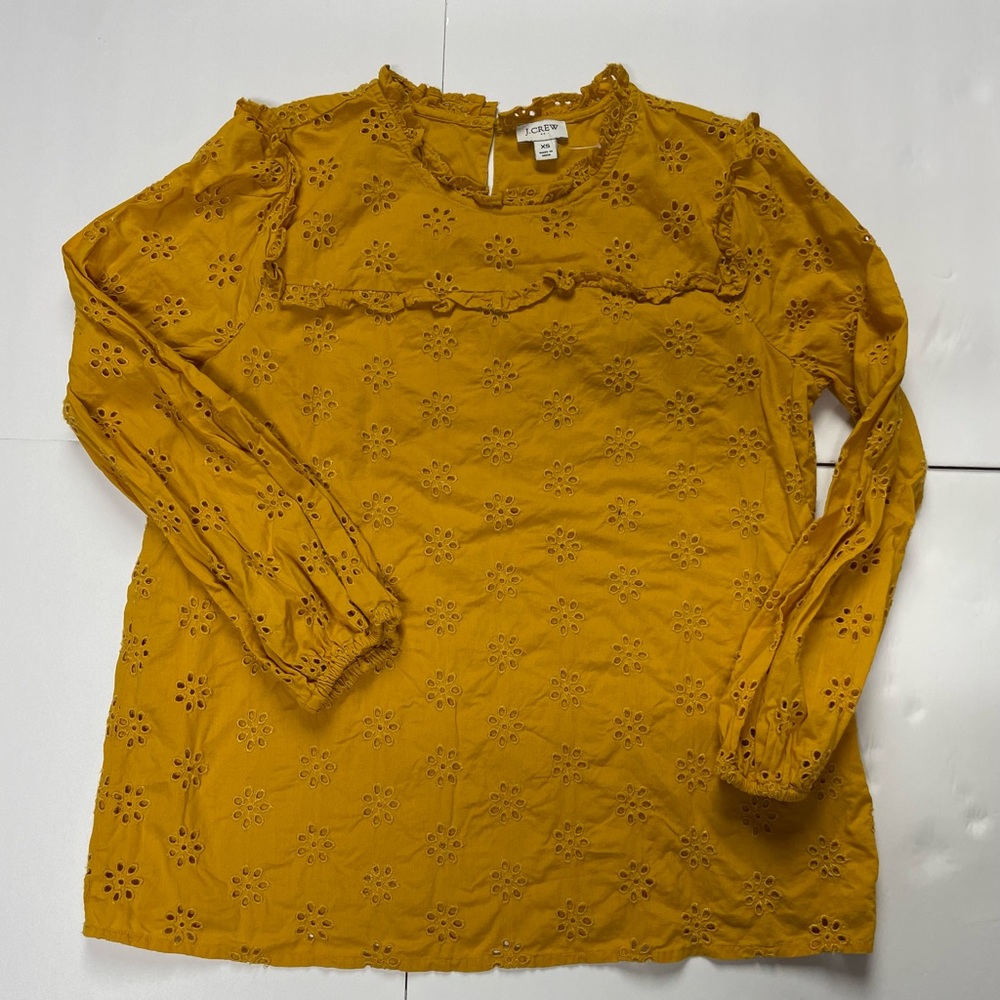 J. Crew Mustard Eyelet Ruffle Long-Sleeve Top